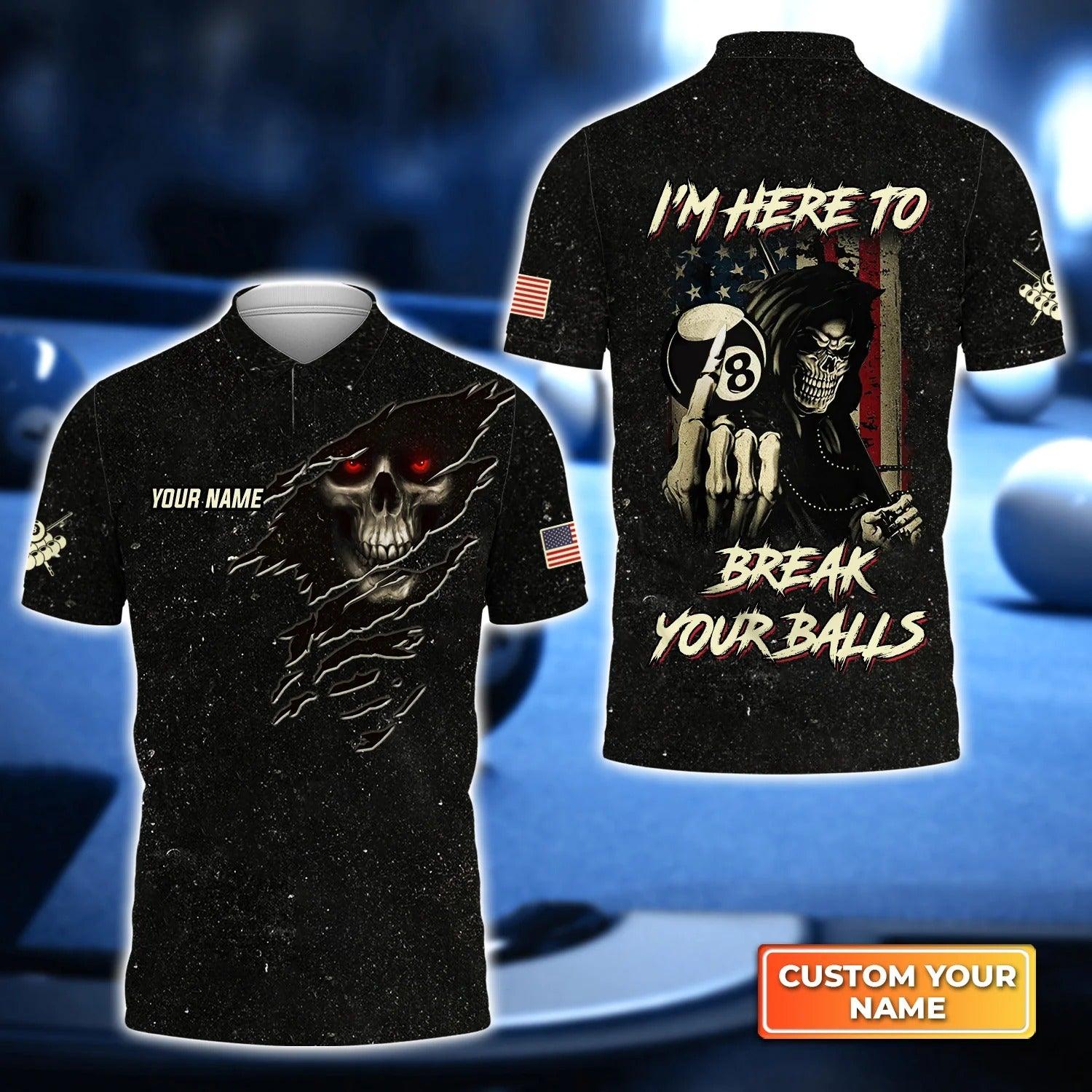 Custom Name Billiard Men Polo Shirt, Personalized Skull 8 Ball Pool Billiards Polo Shirts, Gift For Billiard Lovers, I'm Here To Break Your Balls