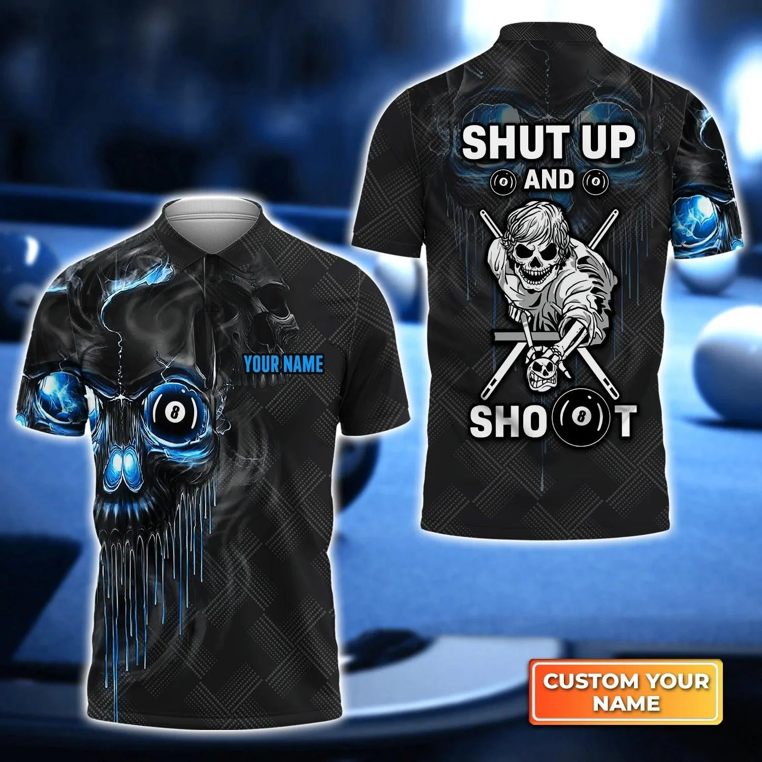Custom Name Billiard Men Polo Shirt, Personalized Skull 8 Ball Pool Billiards Polo Shirts, Shut Up And Shoot, Gift For Billiard Lovers, Players