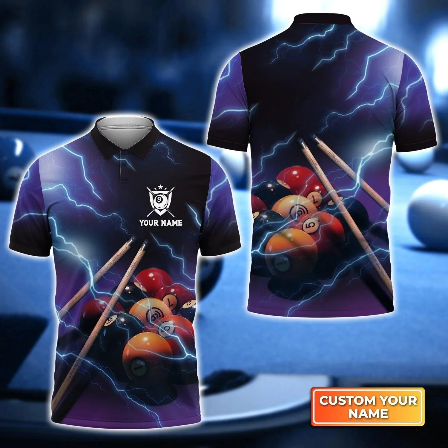 Custom Name Billiard Men Polo Shirt, Personalized Thunder Lightning 9 Ball Pool Billiards Polo Shirts, Gift For Billiard Lovers, Billiard Players