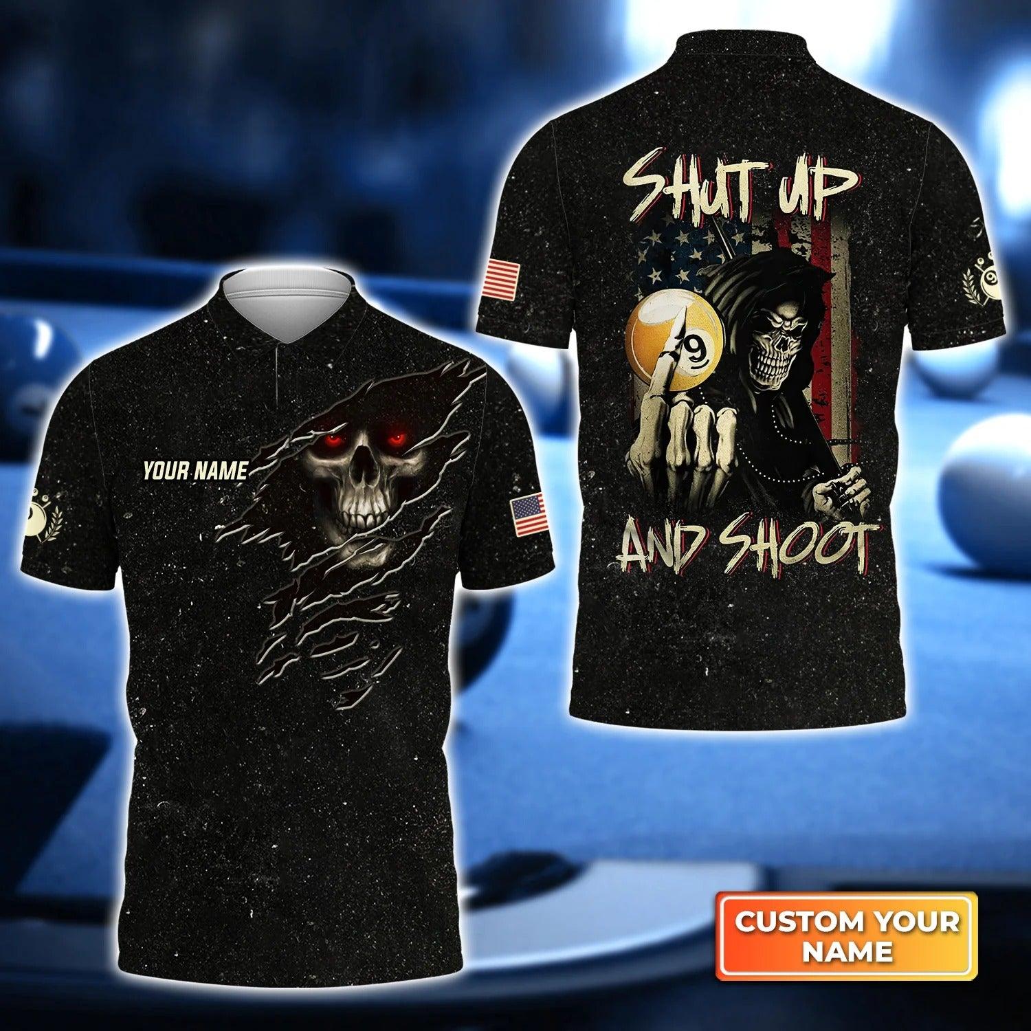 Custom Name Billiard Men Polo Shirt, Skull Shut Up And Shoot Personalized 9 Ball Pool Billiards Polo Shirts, Gift For Male, Billiard Lovers, Players