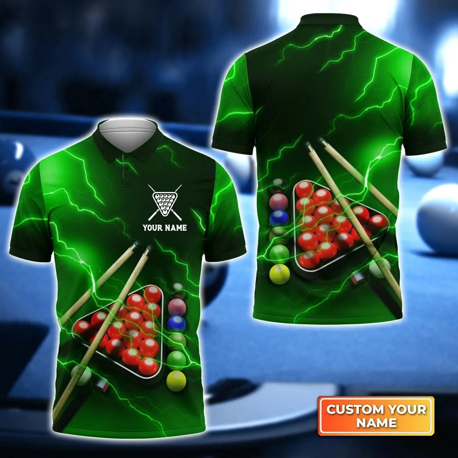 Custom Name Billiard Men Polo Shirt, Snooker Thunder Lightning Personalized 8 Ball Pool Billiards Polo Shirts, Gift For Billiard Players, Lovers