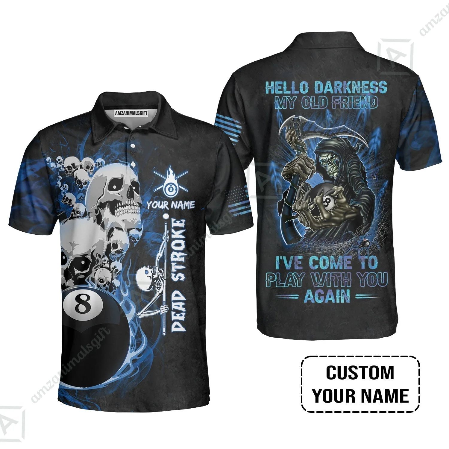 Custom Name Billiard T-Shirt, Personalized Blue Galaxy 8 Ball Pool Billiards, Hello Darkness My Old Friend Long T-Shirt For Billiards Lovers - Image 7