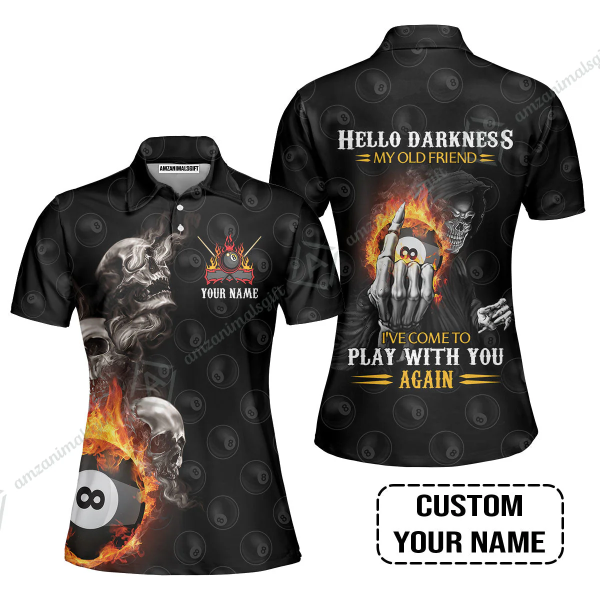 Custom Name Billiard T-Shirt, Personalized Skull Reaper 8 Ball Pool Billiards, Hello Darkness My Old Friend T-Shirt - Image 4