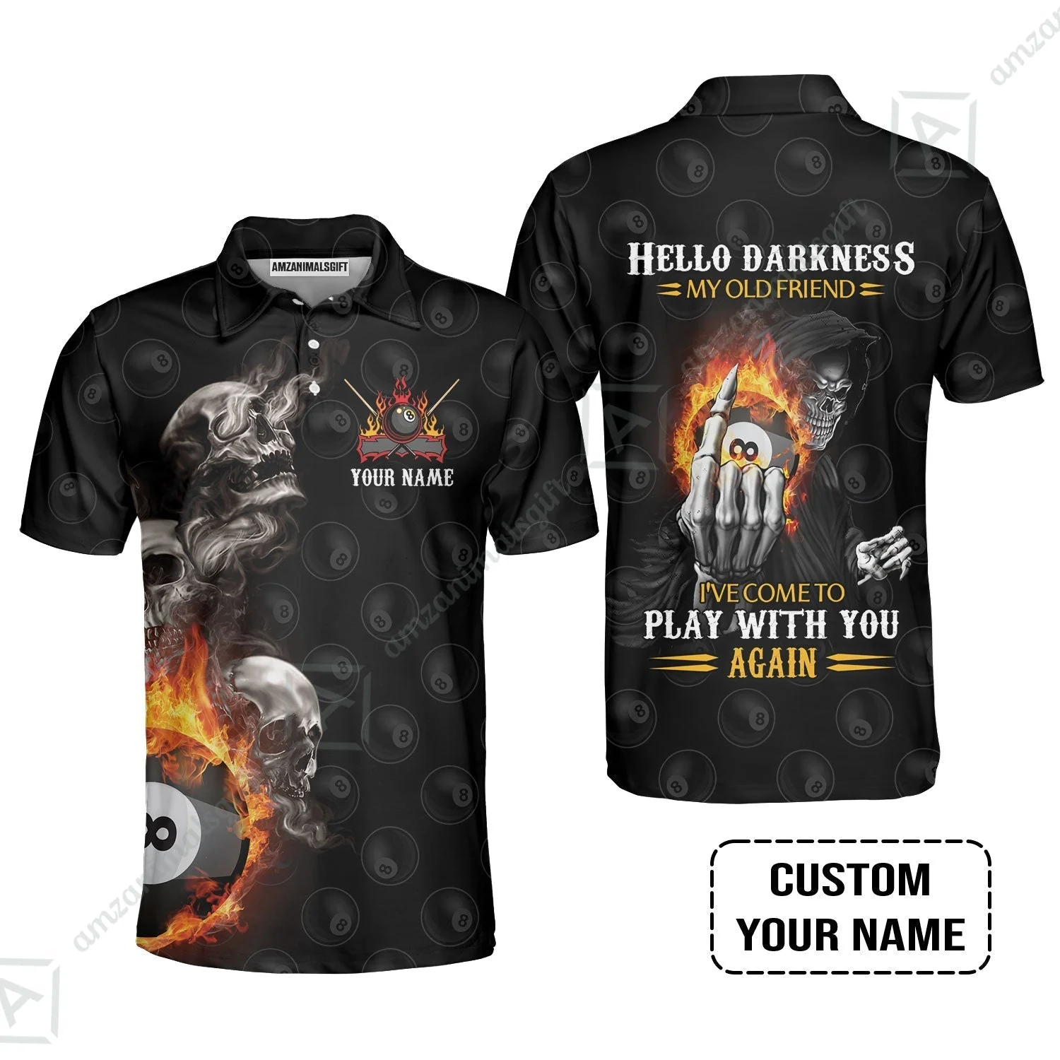 Custom Name Billiard Women Polo Shirt, Personalized Skull Reaper 8 Ball Pool Billiards, Hello Darkness My Old Friend Women Polo Shirt - Image 5