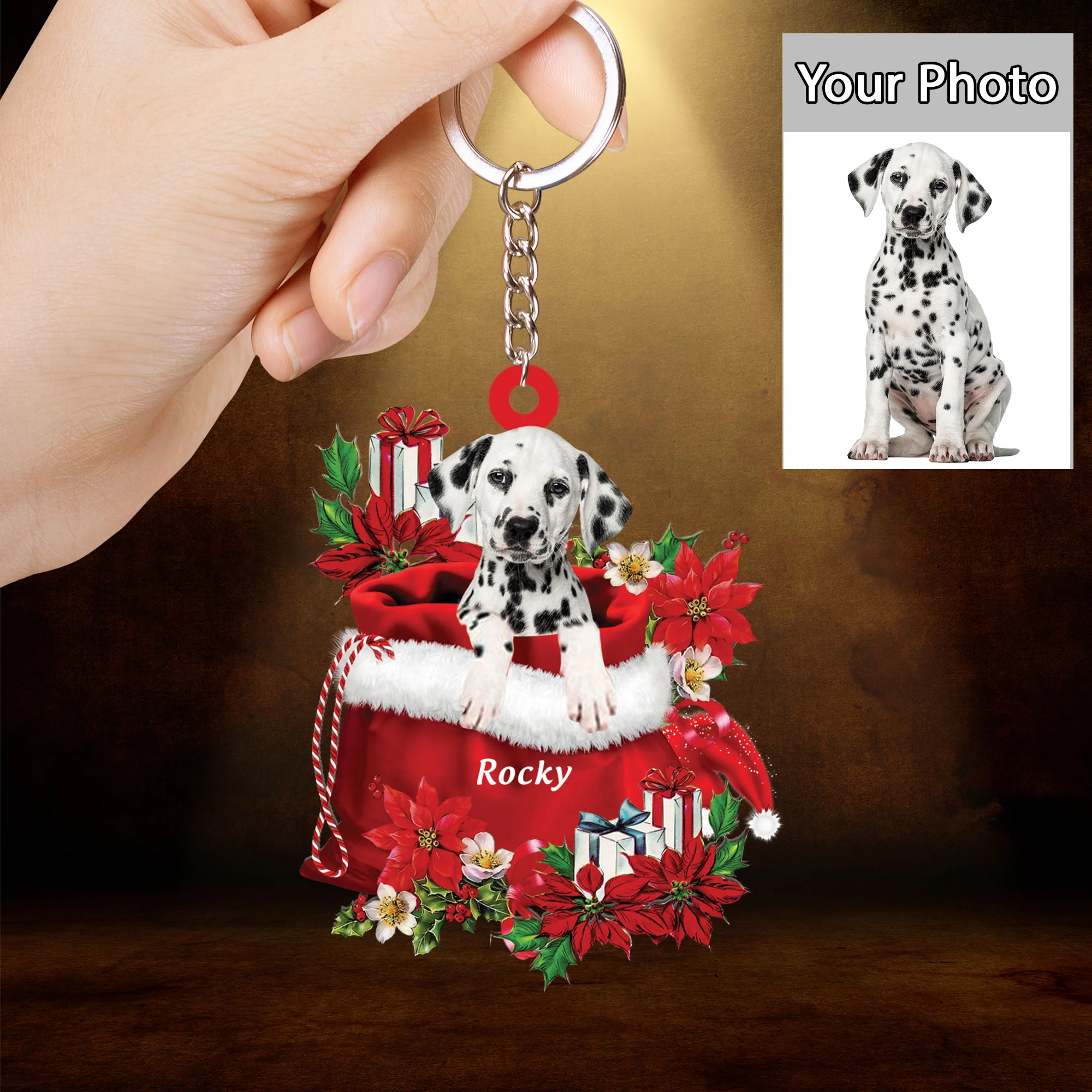 Custom Name Dalmatian In Red Gift Bag Acrylic Christmas Ornament, Customized Christmas Gift For Dog Lovers, Dog Mom - Image 3