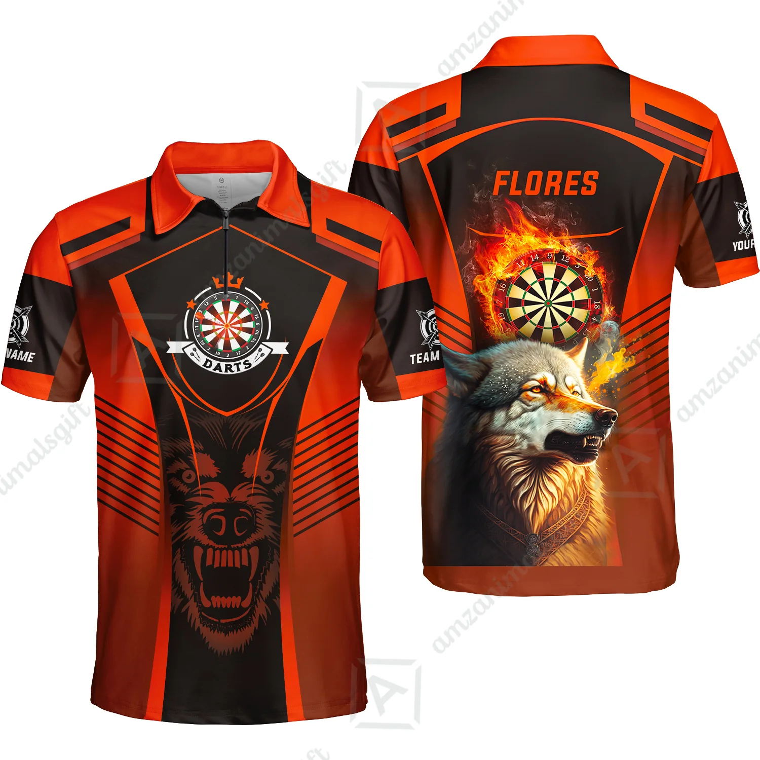 Custom Name Darts Men Polo Shirt, Orange Wolf Dartboard Personalized Polo Shirts, Gift For Men, Darts Lovers, Darts Players - Image 3