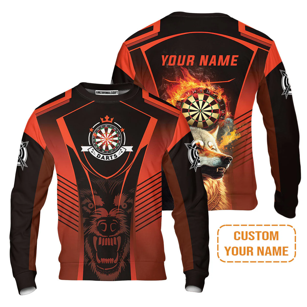 Custom Name Darts Sweater, Orange Wolf Dartboard Personalized Sweater - Gift For Darts Players - Image 6