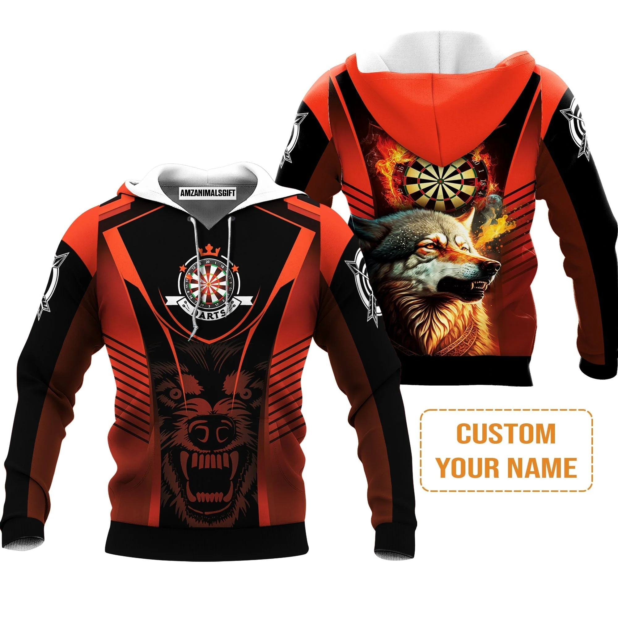 Custom Name Darts Sweatshirt, Orange Wolf Dartboard Personalized Sweatshirt - Gift For Darts Players - Image 3