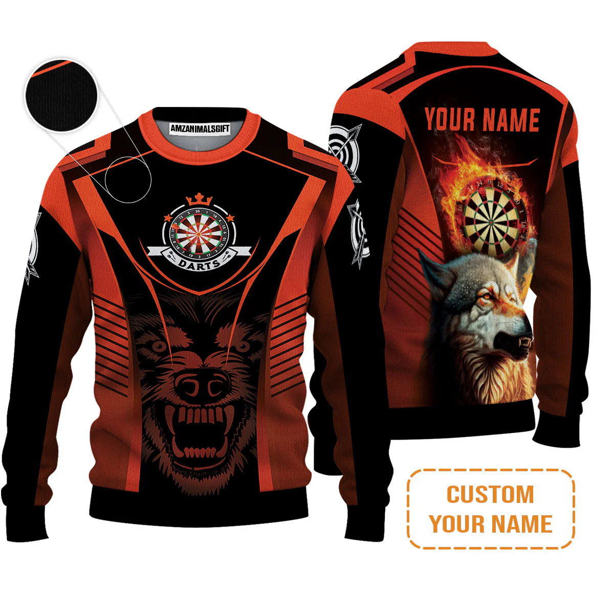 Custom Name Darts Sweatshirt, Orange Wolf Dartboard Personalized Sweatshirt - Gift For Darts Players - Image 4