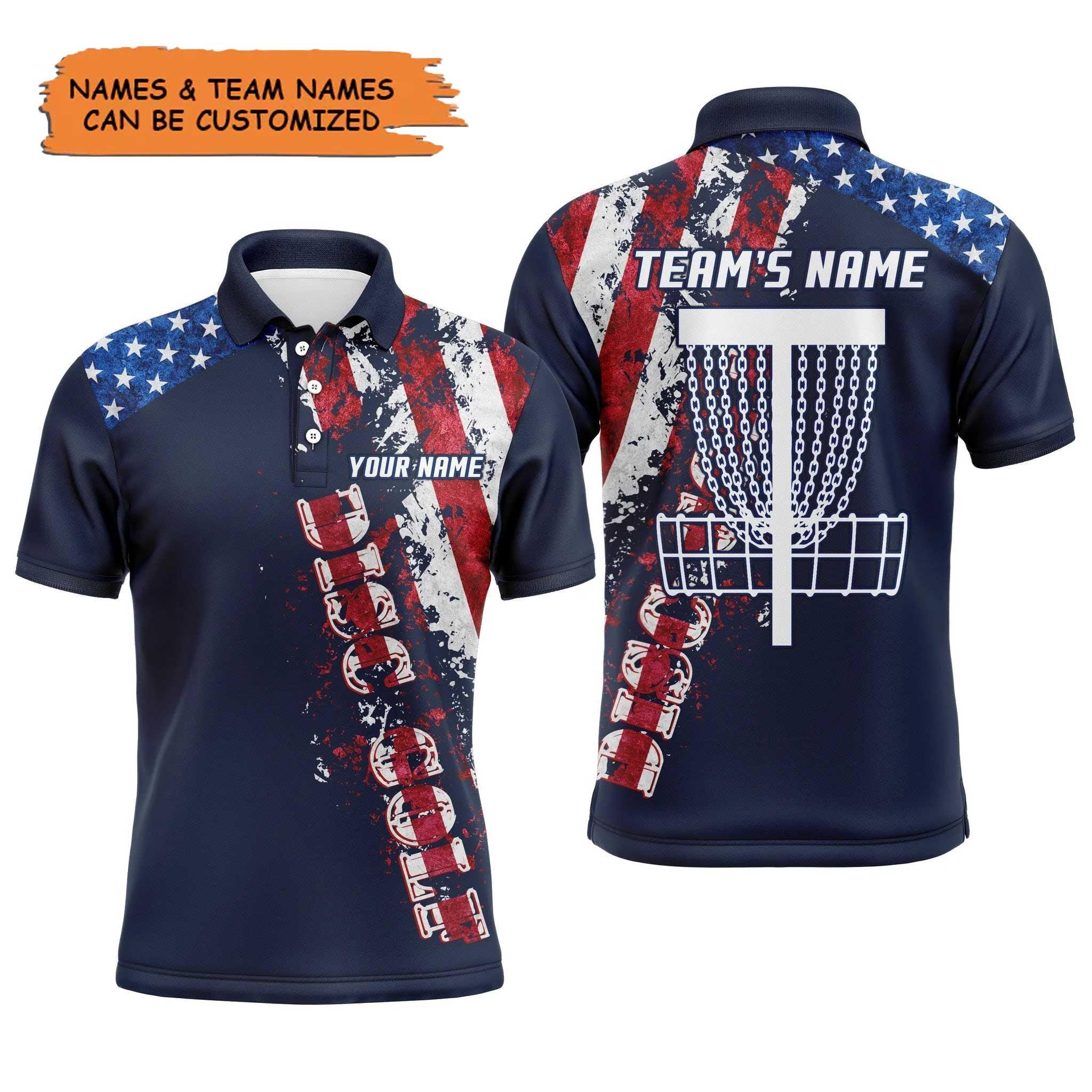 Custom Name Disc Golf Men Polo Shirt - American Flag Disc Golf Basket Apparel - Personalized Gift For Golf Lover, Men, Husband, Team, Patriotic