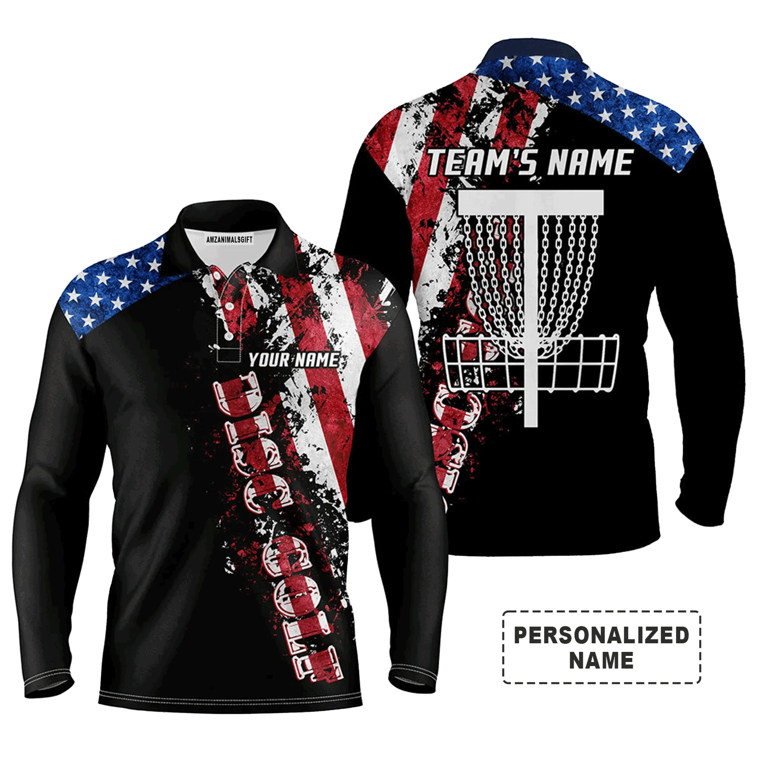 Custom Name Disc Golf Men Polo Shirt - American Flag Disc Golf Basket Apparel - Personalized Gift For Golf Lover, Men, Husband, Team, Patriotic - Image 2