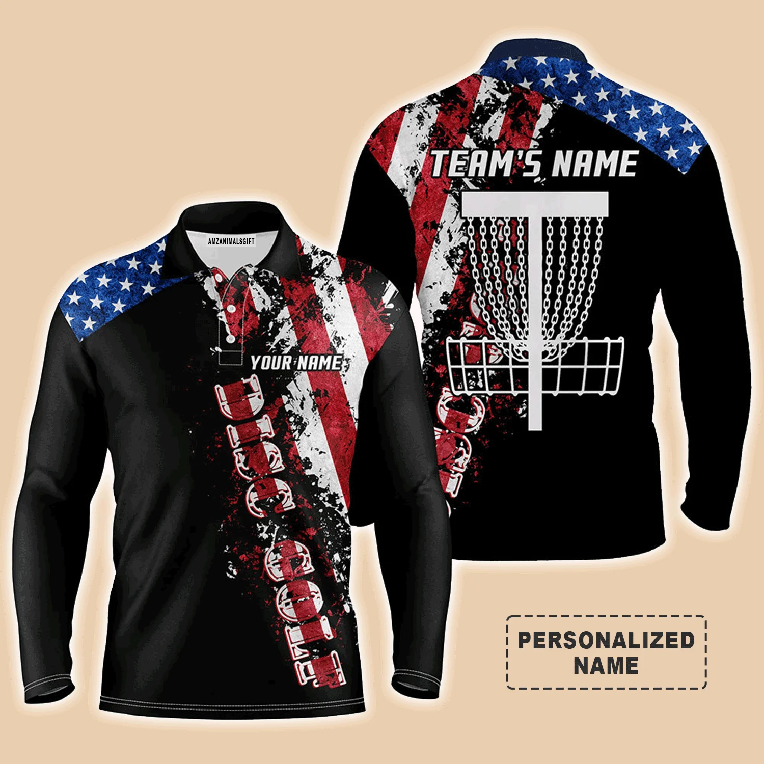 Custom Name Disc Golf Men Polo Shirt - American Flag Disc Golf Basket Apparel - Personalized Gift For Golf Lover, Men, Husband, Team, Patriotic - Image 3