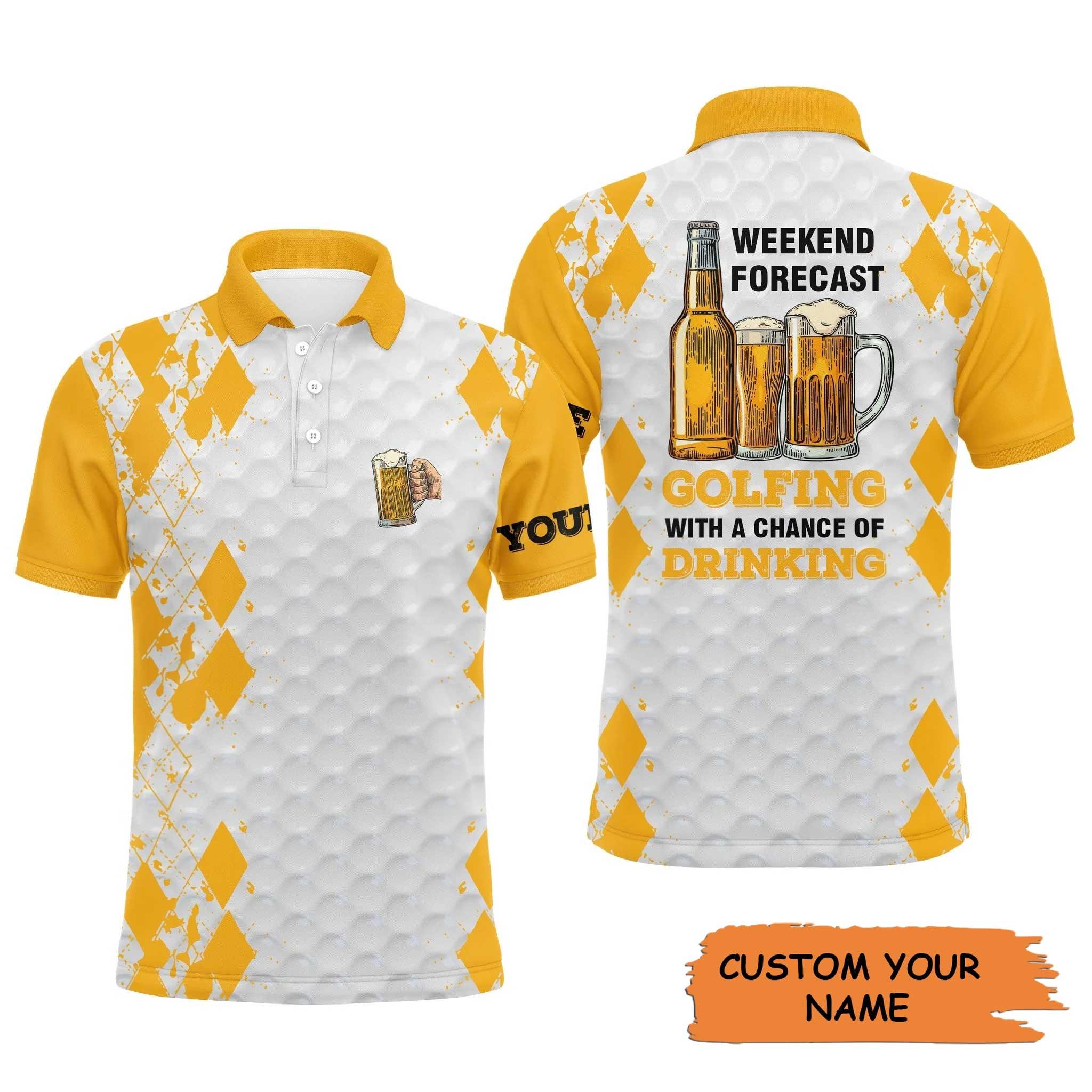Custom Name Funny Beer Golf Men Polo Shirt - Personalized Gift For Golf Lover, Team, Golfer - Weekend Forecast Golfing With A Chance Of Drinking