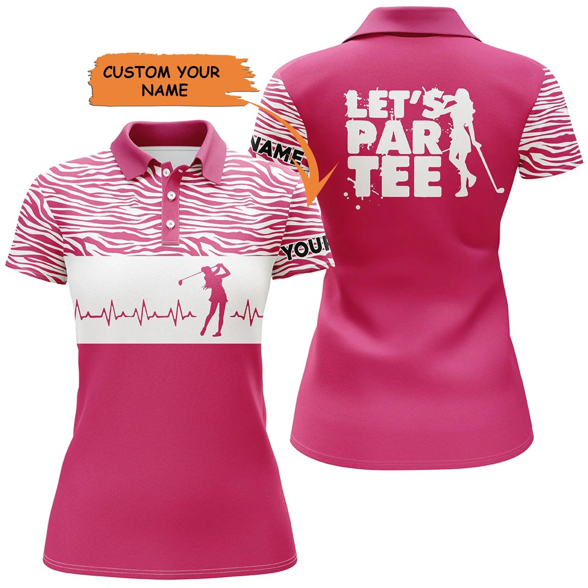 Custom Name Golf Women Polo Shirt, Zebra Pattern Let's Par Tee Heartbeat Personalized Women Polo Shirt - Perfect Gift For Ladies, Golf Lovers, Golfers