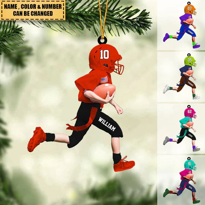 Custom Name & Number American Football Kid Running Acrylic Christmas Ornament - Gift For Son & Daughters - Image 2