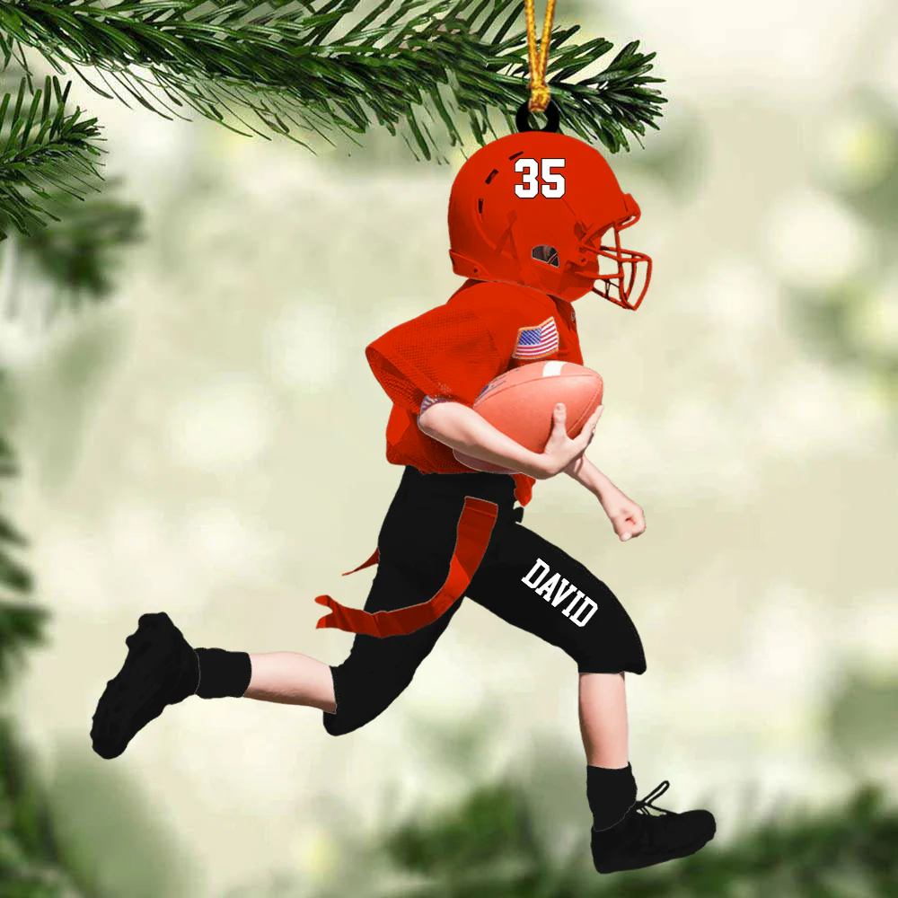 Custom Name & Number American Football Kid Running Acrylic Christmas Ornament - Gift For Son & Daughters - Image 3
