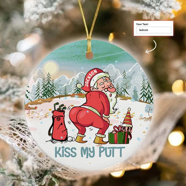Custom Name Santa Claus Plays Golf Circle Ceramic Ornament, Christmas Golf Ceramic Ornament - Best Gift For Golf Lovers, Christmas - Image 3