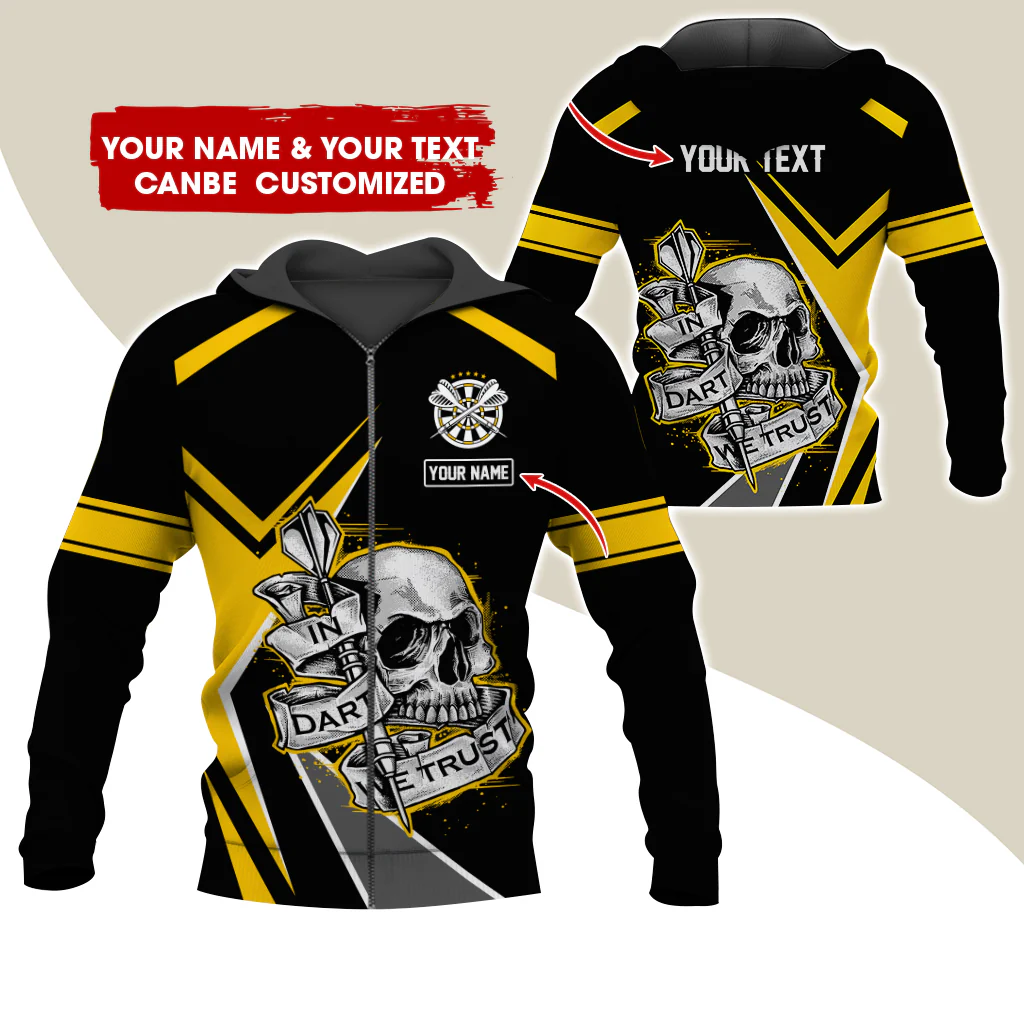 Custom Name & Text Darts Premium Zip Hoodie, Personalized Skull Play Darts Zip Hoodie For Men & Women - Gift For Darts Lovers, Darts Players - Image 10
