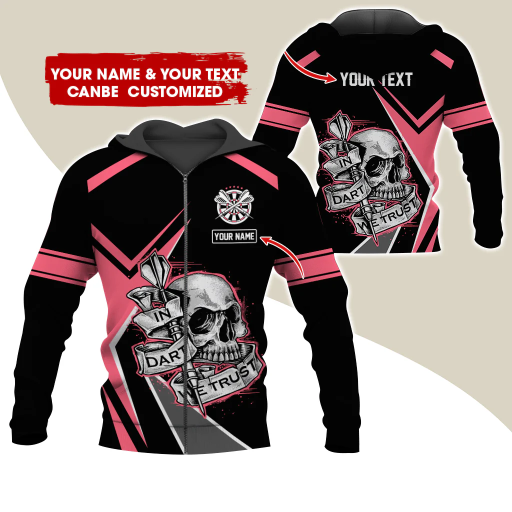 Custom Name & Text Darts Premium Zip Hoodie, Personalized Skull Play Darts Zip Hoodie For Men & Women - Gift For Darts Lovers, Darts Players - Image 2