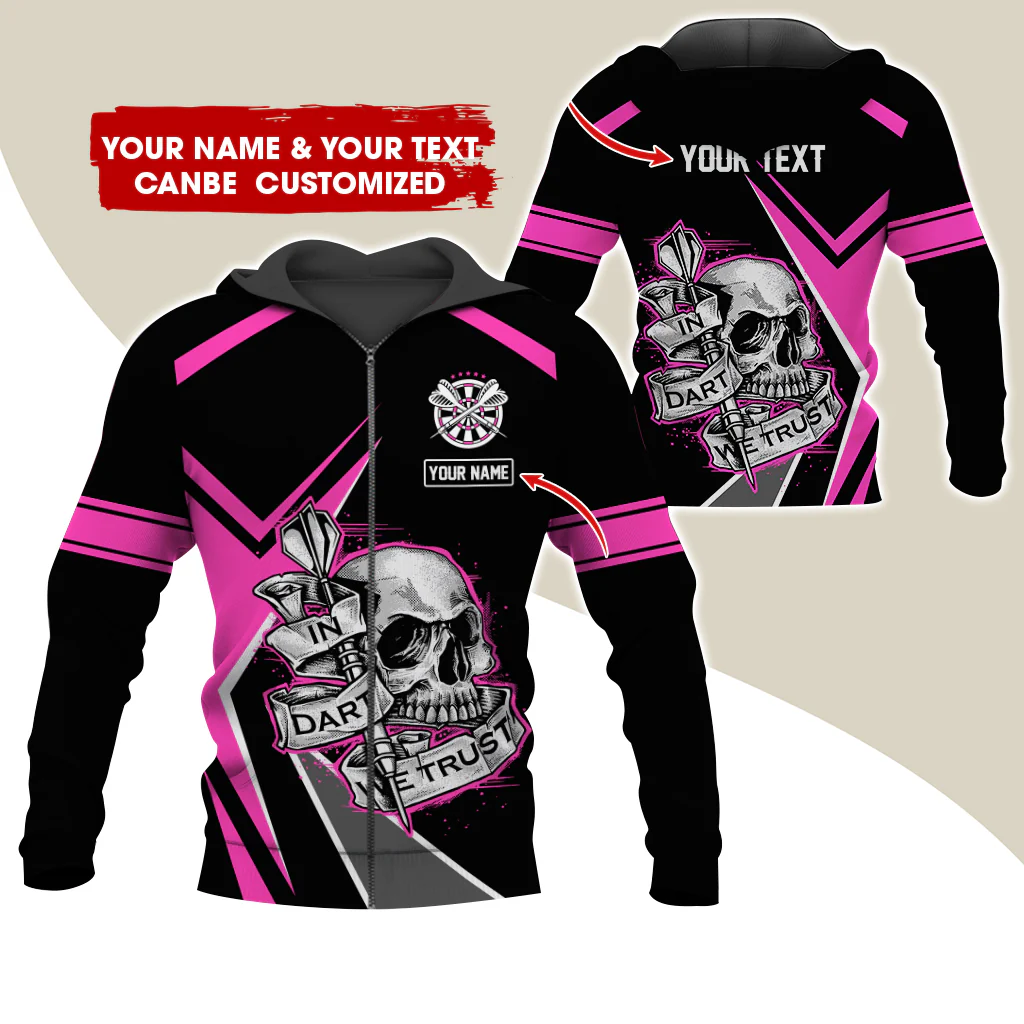 Custom Name & Text Darts Premium Zip Hoodie, Personalized Skull Play Darts Zip Hoodie For Men & Women - Gift For Darts Lovers, Darts Players - Image 6