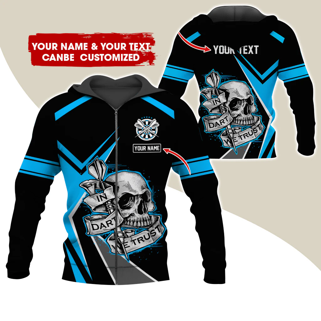 Custom Name & Text Darts Premium Zip Hoodie, Personalized Skull Play Darts Zip Hoodie For Men & Women - Gift For Darts Lovers, Darts Players - Image 8