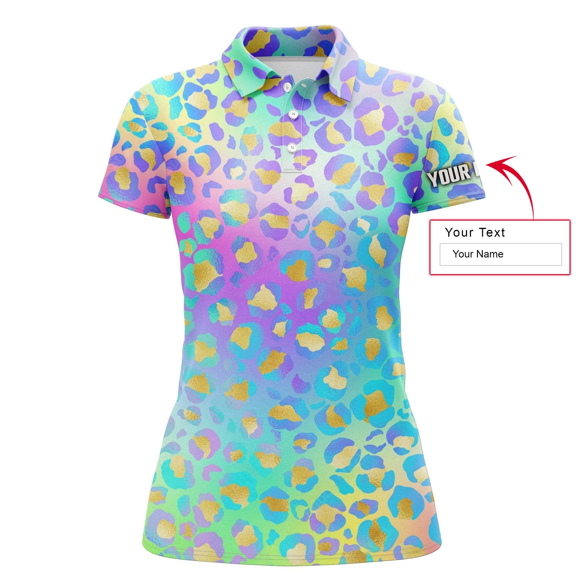 Custom Name Women Polo Shirt, Neon Leopard Animal Print Personalized Outfits Women Polo Shirts, Golf Tops, Gift For Ladies, Golf Lovers, Golfers