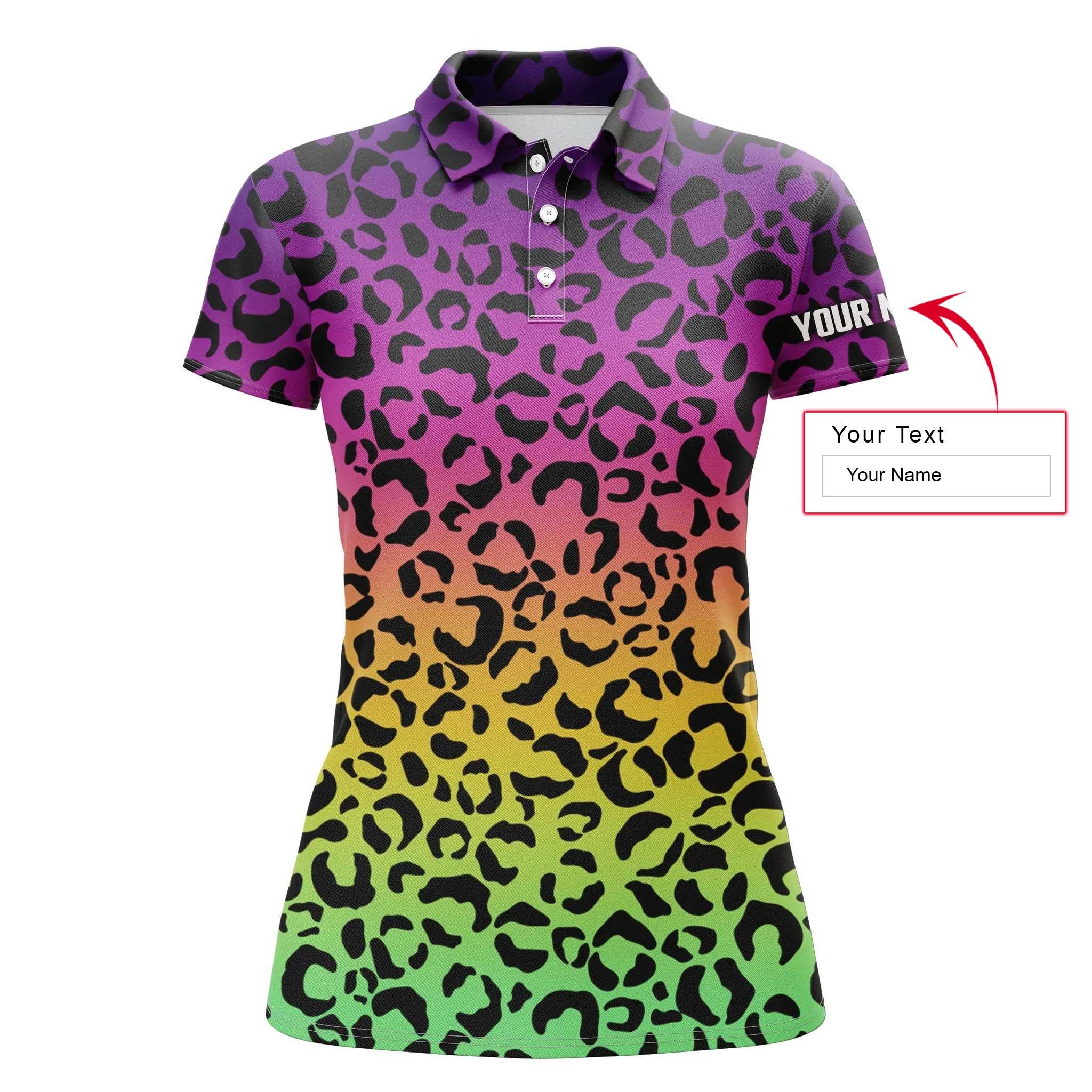 Custom Name Women Polo Shirt, Neon Rainbow Leopard Pattern Personalized Women Polo Shirts, Golf Tops, Gift For Ladies, Women