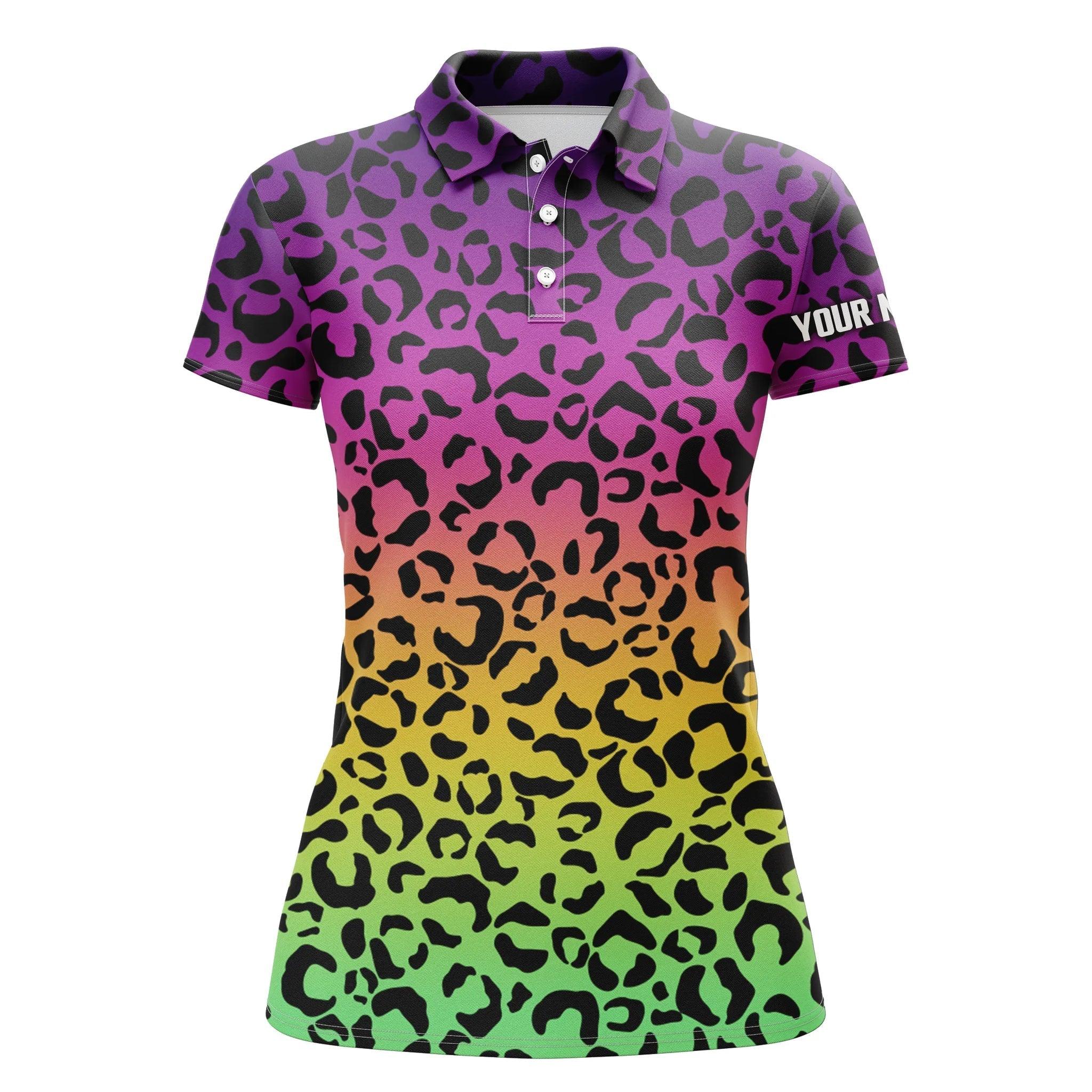 Custom Name Women Polo Shirt, Neon Rainbow Leopard Pattern Personalized Women Polo Shirts, Golf Tops, Gift For Ladies, Women - Image 2