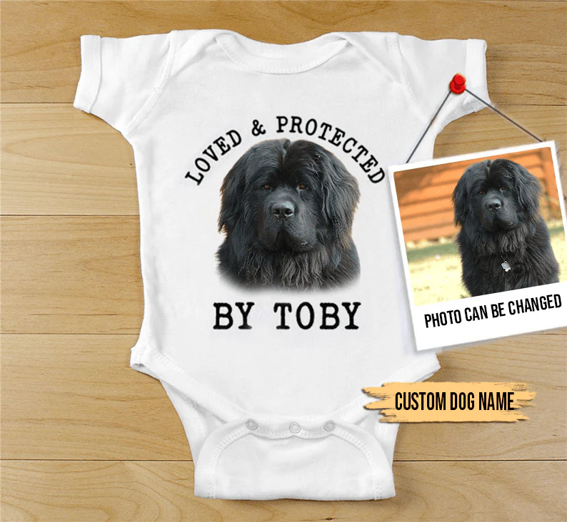 Custom Newfoundland Baby Onesies, Loved & Protected By Custom Dog Newborn Onesies, Personalized Onesies - Perfect Gift For Baby, Baby Gift Onesie