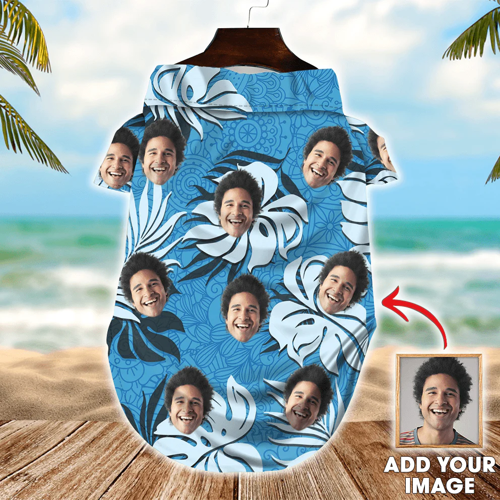 Custom Pet Dog Hawaiian shirt - Custom Photo Pet Leaves & Flowers Blue Pattern Personalized Hawaiian Shirt For Pet - Perfect Gift For Pet Lovers