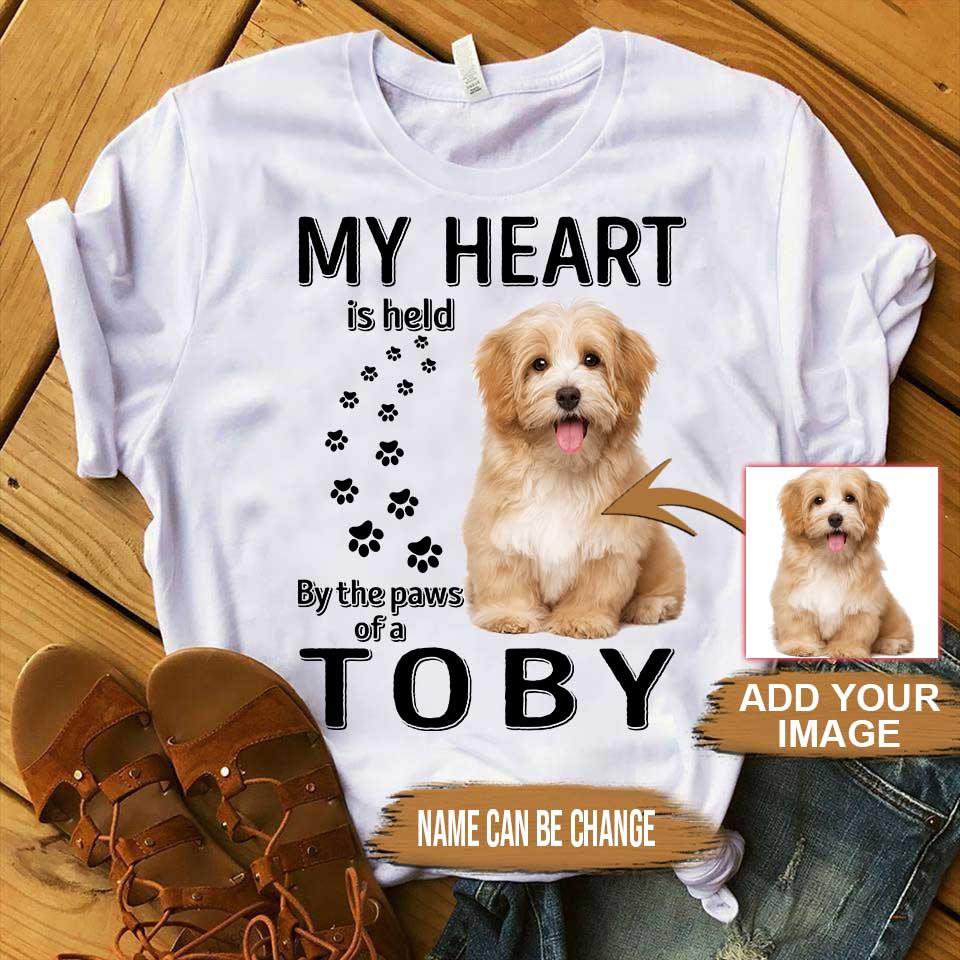 Custom Pet Dog Unisex T Shirt - Customize Name & Photo My Heart Is Held By The Paws Of A Dog Personalized Unisex T Shirt - Gift For Dog Lovers, Friend, Family