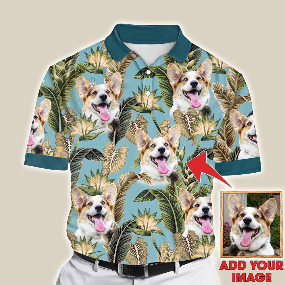 Custom Polo Shirt With Dog Face, Pet Polo Shirt, Blizzard Blue Leaves Pattern Personalized Polo Shirt For Dog Dad - Perfect Gift For Men, Dog Lover
