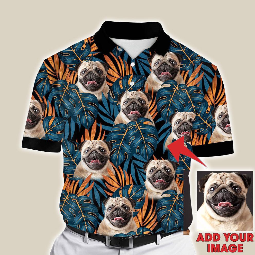 Custom Polo Shirt With Dog Face, Pet Polo Shirt, Dark Blue, Orange Leaf Pattern Personalized Polo Shirt For Dog Dad - Perfect Gift For Men, Dog Lover