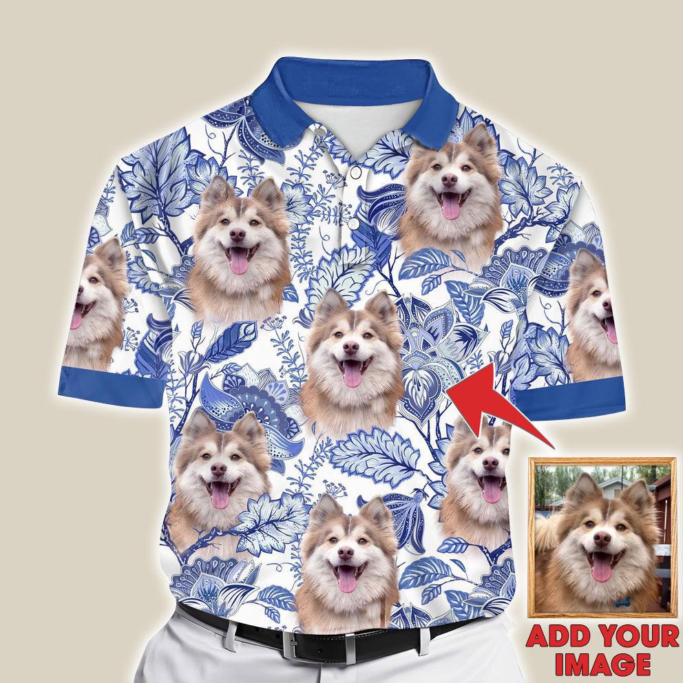 Custom Polo Shirt With Dog Face, Pet Polo Shirt, Purple Leaves, Flowers Pattern Personalized Polo Shirt For Dog Dad - Perfect Gift For Men, Dog Lover
