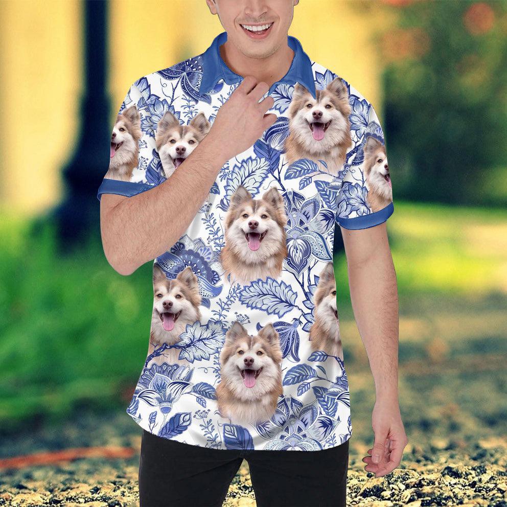 Custom Polo Shirt With Dog Face, Pet Polo Shirt, Purple Leaves, Flowers Pattern Personalized Polo Shirt For Dog Dad - Perfect Gift For Men, Dog Lover - Image 2