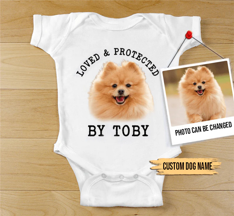Custom Pomeranian Baby Onesies, Loved & Protected By Custom Dog Newborn Onesies, Personalized Onesies - Perfect Gift For Baby, Baby Gift Onesie