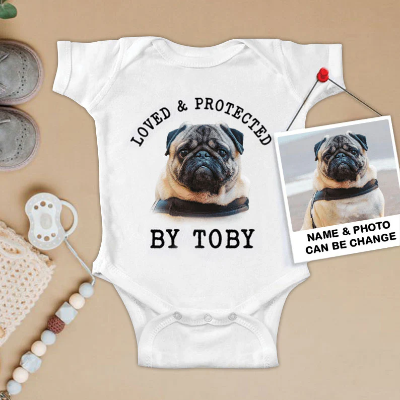 Custom Pug Baby Onesies, Loved & Protected By Custom Dog Newborn Onesies, Personalized Onesies - Perfect Gift For Baby, Baby Gift Onesie - Image 2