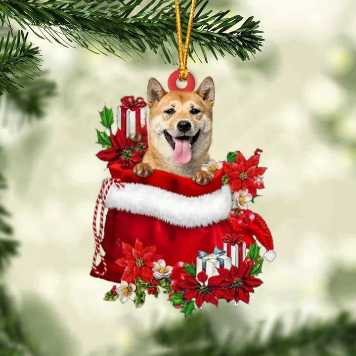 Custom Shiba Inu In Red Gift Bag Acrylic Christmas Ornament, Personalized Name Christmas Gift For Dog Lovers, Dog Mom - Image 2