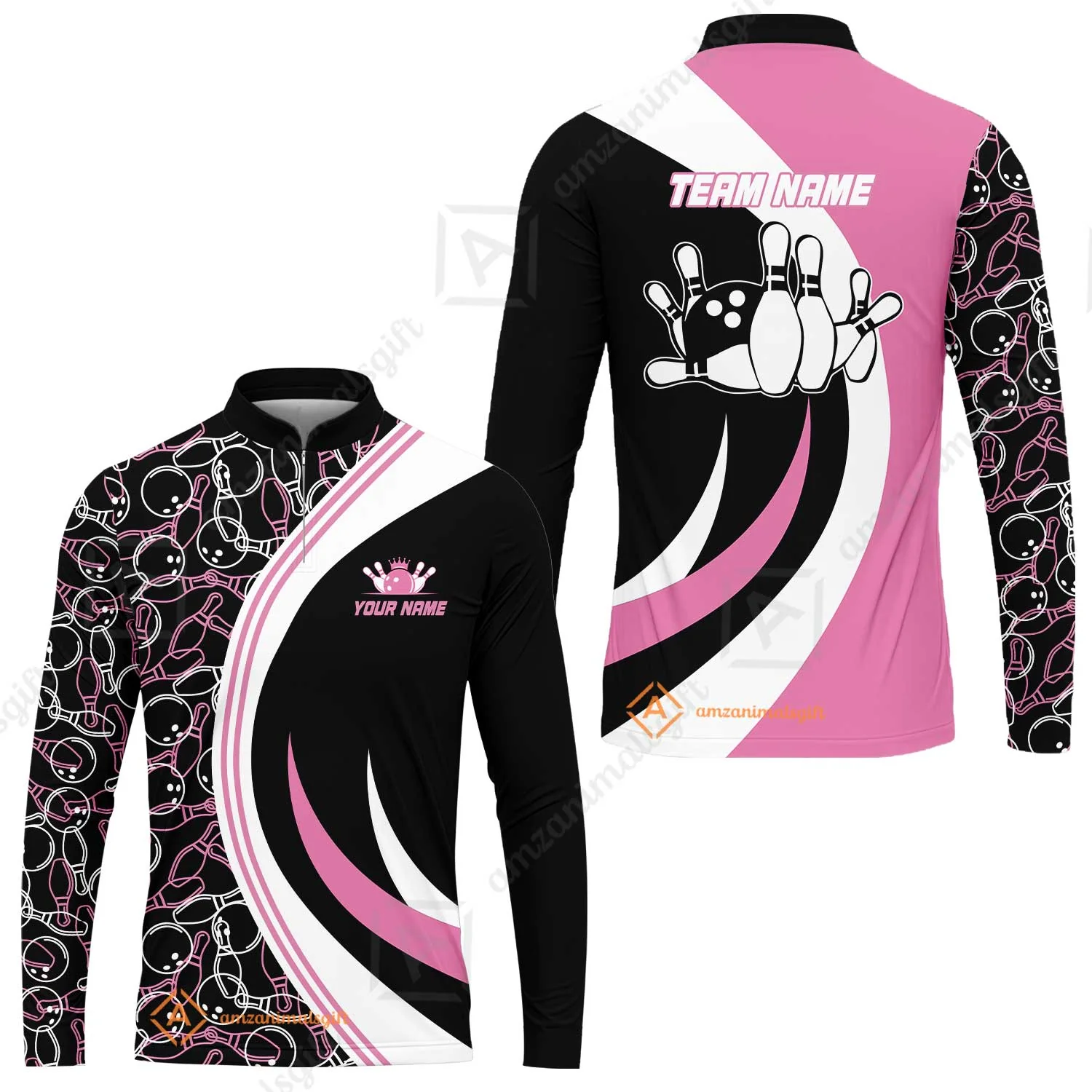 Custom Team Name Black Pink Bowling Team Jersey - Bowling uniforms  Seamless Pattern Bowling Zip Polo Shirts - Uniform Shirt For Bowlers - Image 9