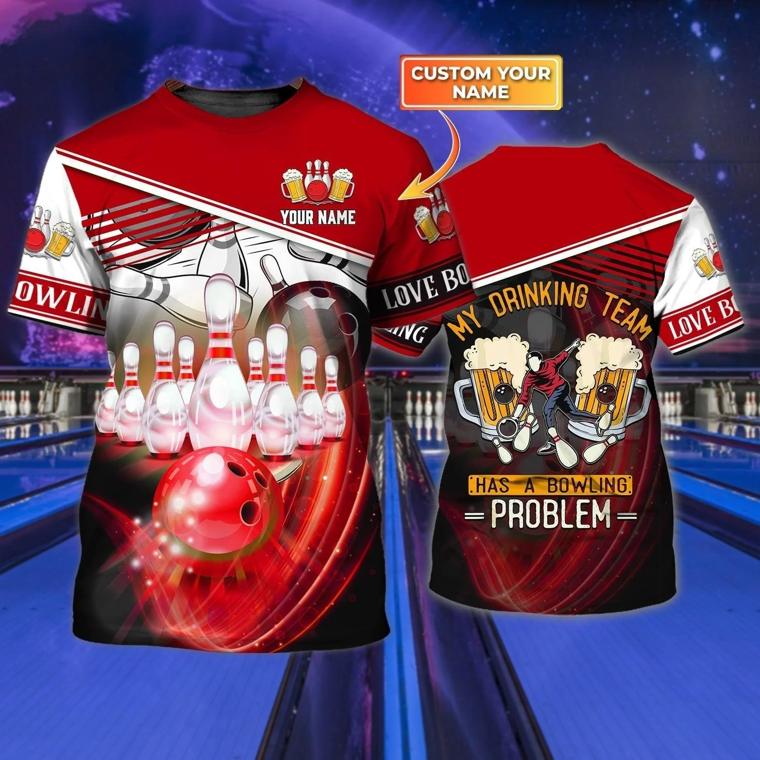 Customized 3D Red Bowling T Shirt, Personalized Bowling And Beer T Shirts, Love Bowling Shirts - Best Gift For Bowling Lovers, Bowlers
