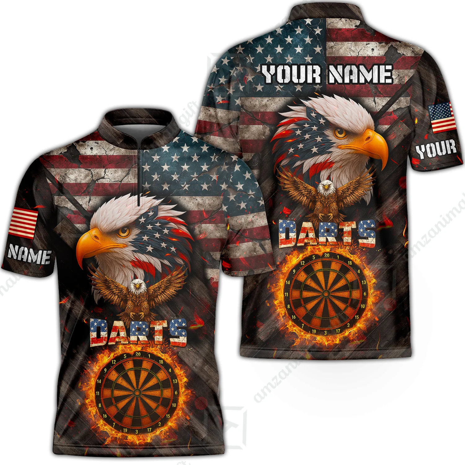 Customized American Flag Darts Polo Shirt, Darts Dartboard Fire Flame Eagle Style Jersey Polo Shirt for Darts Players - Image 3