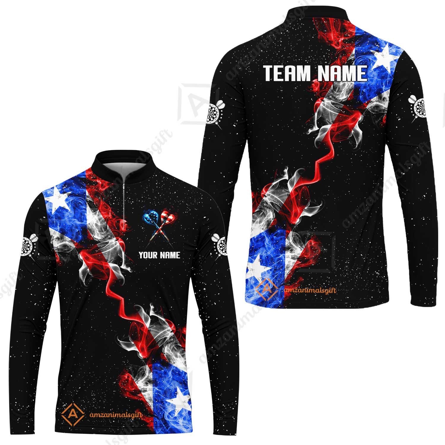 Customized American Flag Darts Stand Collar Quater-Zip, Darts Smoke USA Flag Team Style Jersey Polo Shirt, Outfit for Darts Players - Image 11