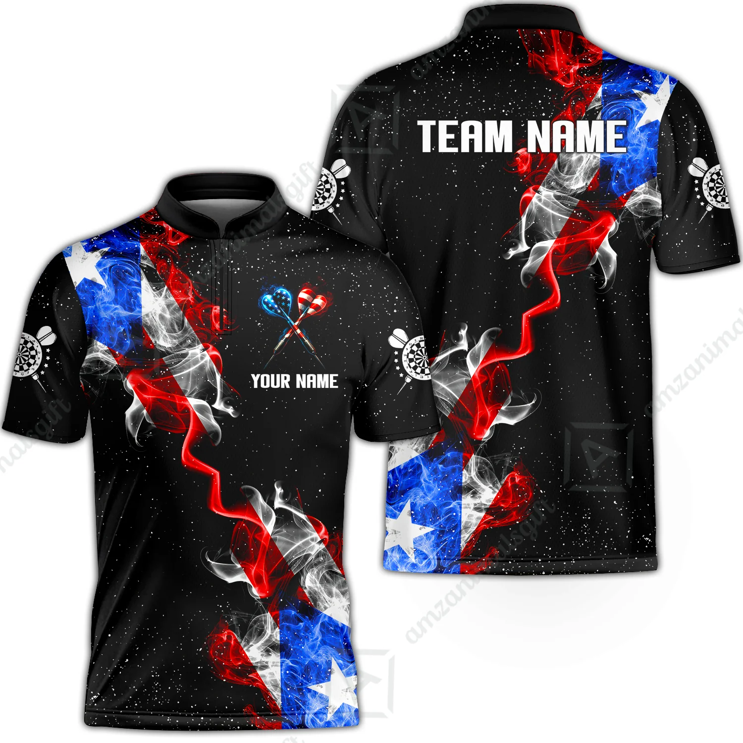 Customized American Flag Darts Stand Collar Quater-Zip, Darts Smoke USA Flag Team Style Jersey Polo Shirt, Outfit for Darts Players - Image 3
