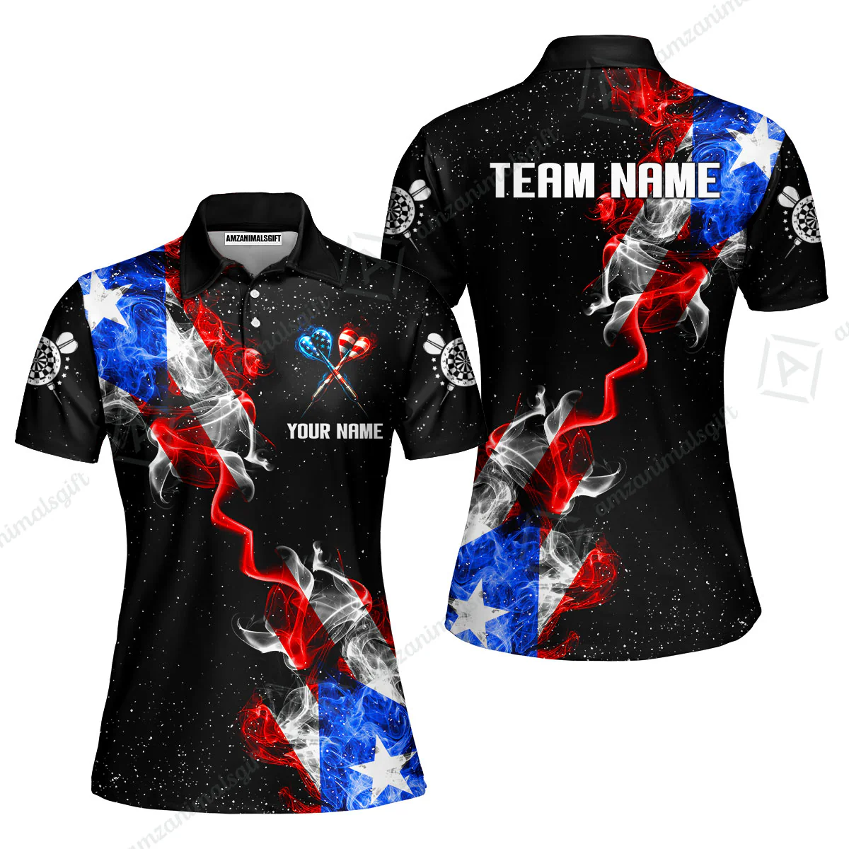 Customized American Flag Darts Stand Collar Quater-Zip, Darts Smoke USA Flag Team Style Jersey Polo Shirt, Outfit for Darts Players - Image 4