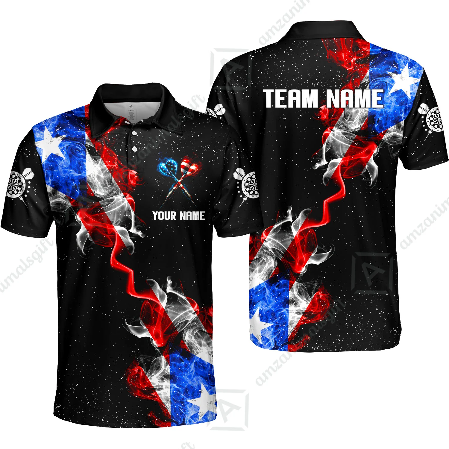 Customized American Flag Darts Stand Collar Quater-Zip, Darts Smoke USA Flag Team Style Jersey Polo Shirt, Outfit for Darts Players - Image 5