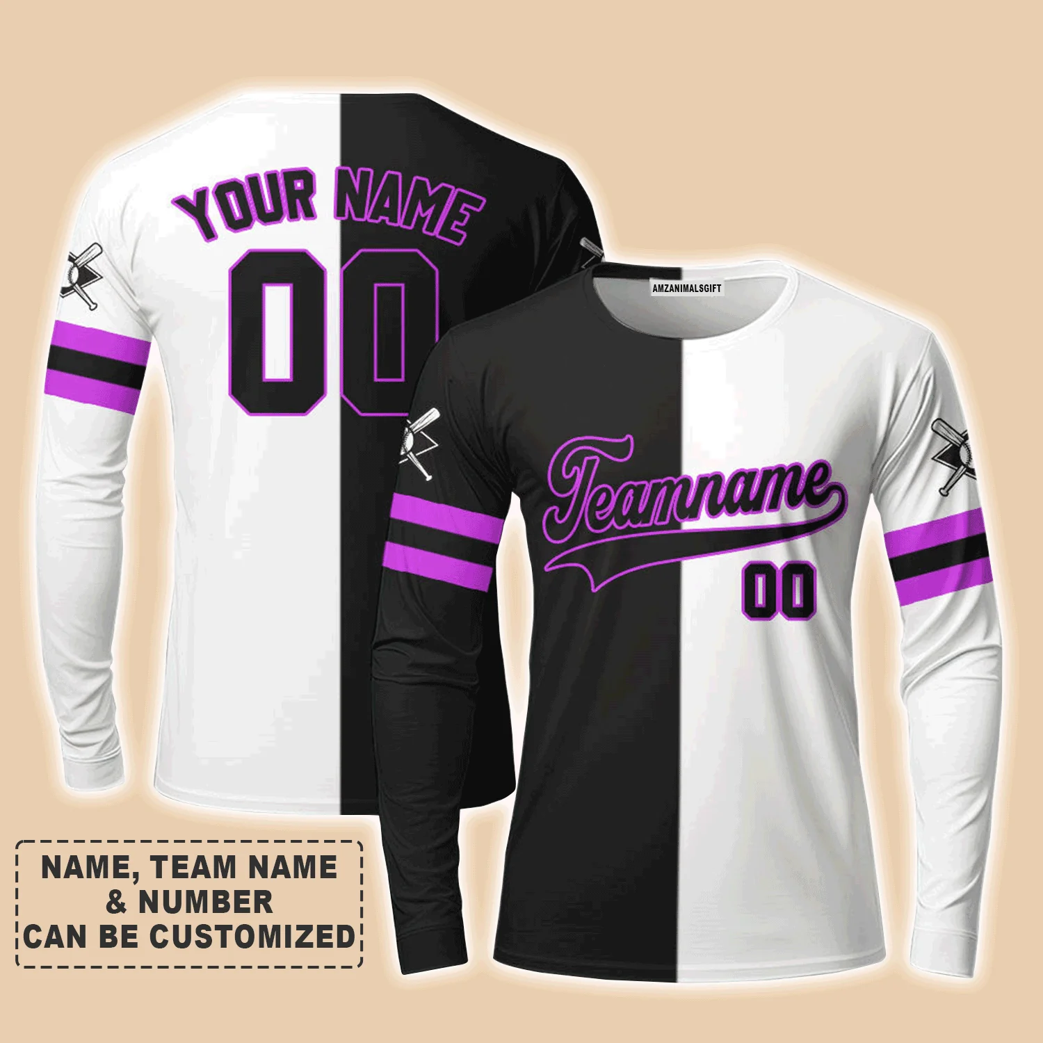 Customized Baseball Long Sleeve Shirt, Canada Baseball Logo Black White Custom Long Sleeve Shirt - Perfect Long Sleeve Shirt For Men & Woman, Baseball Lovers - Image 4