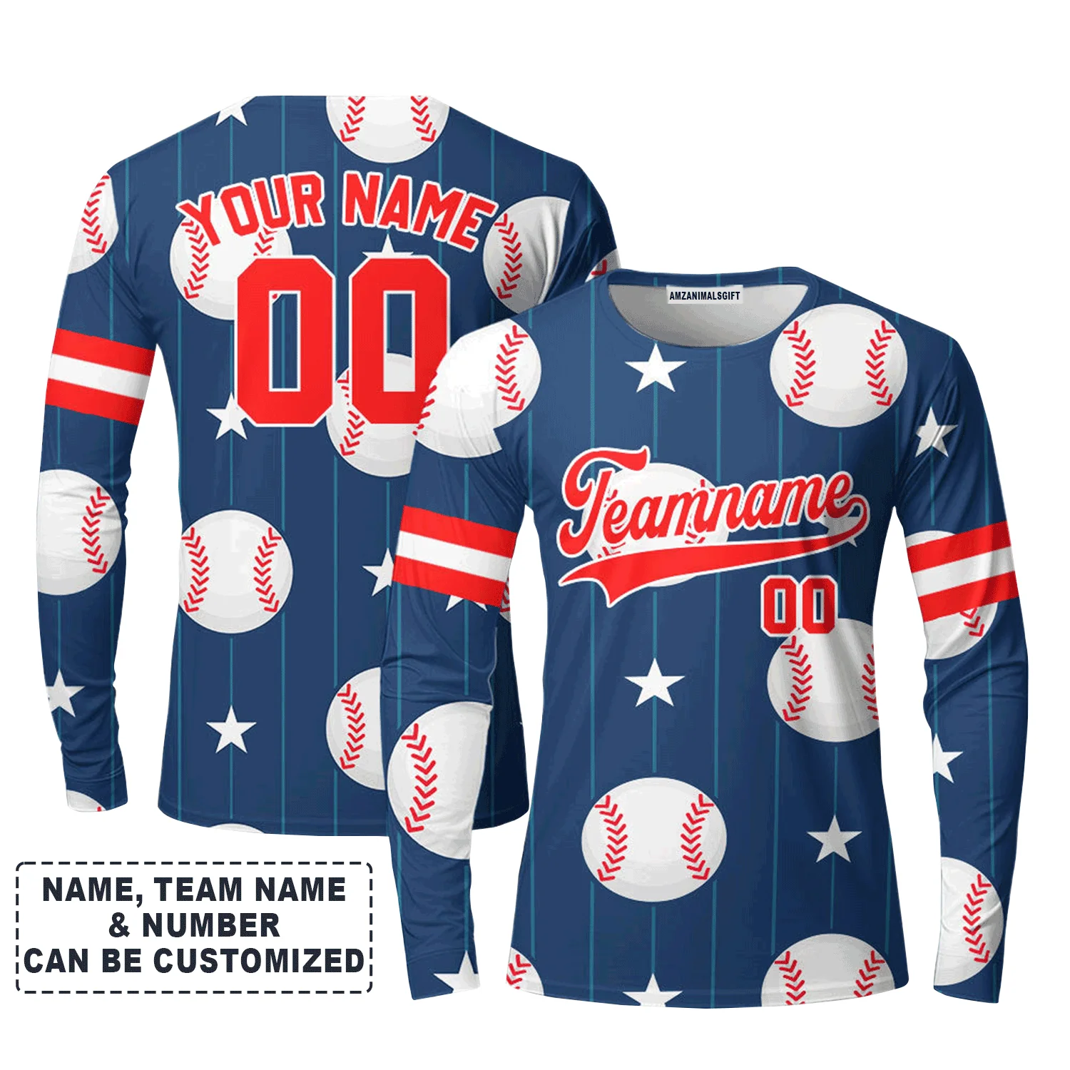 Customized Baseball Long Sleeve Shirt, Navy Baseball Striped Pattern Blue Custom Long Sleeve Shirt - Perfect Long Sleeve Shirt For Men & Woman, Baseball Lovers - Image 2