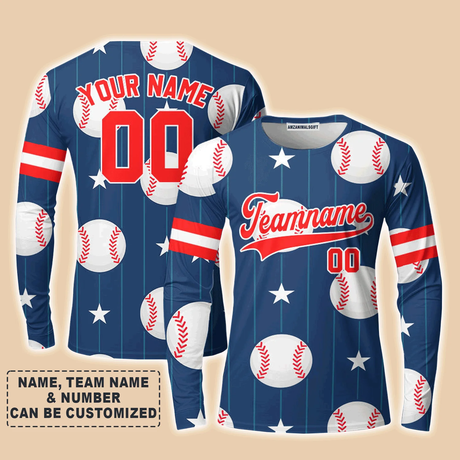 Customized Baseball Long Sleeve Shirt, Navy Baseball Striped Pattern Blue Custom Long Sleeve Shirt - Perfect Long Sleeve Shirt For Men & Woman, Baseball Lovers - Image 3