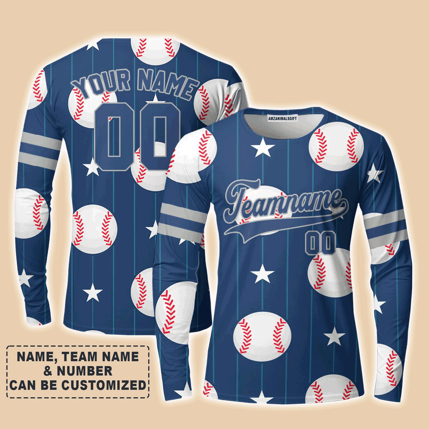 Customized Baseball Long Sleeve Shirt, Navy Baseball Striped Pattern Blue Custom Long Sleeve Shirt - Perfect Long Sleeve Shirt For Men & Woman, Baseball Lovers - Image 4