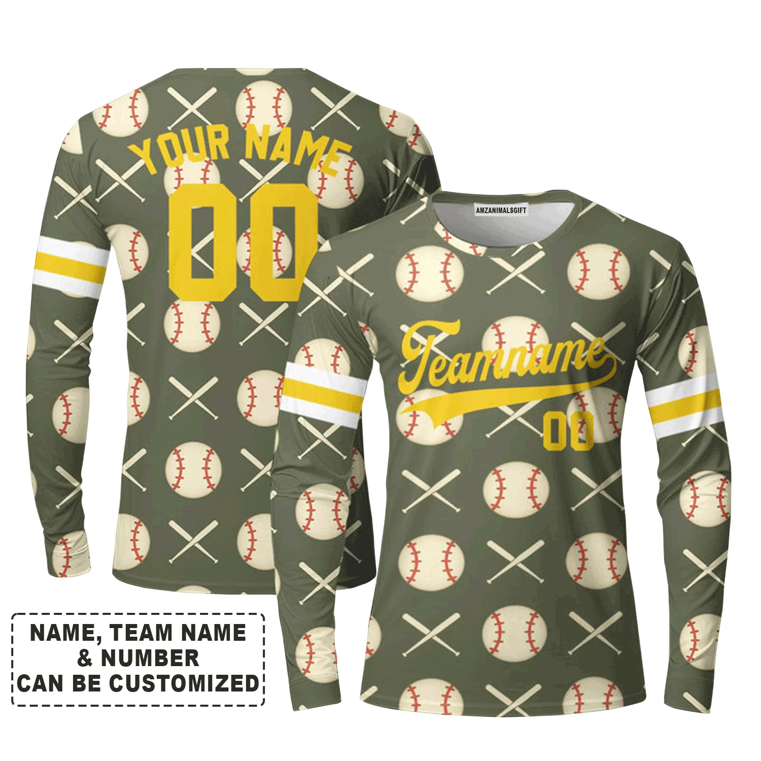 Customized Baseball Long Sleeve Shirt, Olive Baseball Striped Pattern Custom Long Sleeve Shirt - Perfect Long Sleeve Shirt For Men & Woman, Baseball Lovers - Image 2